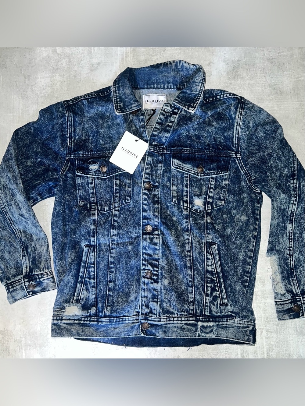 Illusive London distressed acid-wash denim jacket size Medium